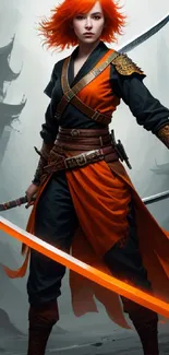 Epic warrior with orange sword and hair, standing bravely.