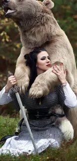 Medieval warrior woman embraced by a bear in a forest setting.