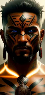 Warrior with tribal tattoos and blue eyes in digital art wallpaper.