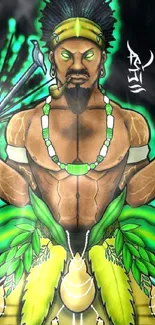 Warrior with green aura and tribal design.