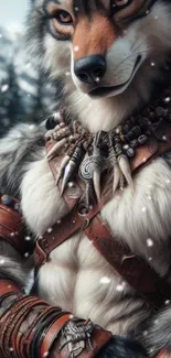 Warrior wolf in leather armor with snowy forest backdrop.