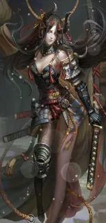 Fantasy warrior woman with samurai armor in dynamic pose.