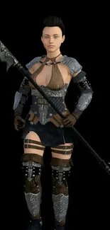 Fantasy warrior woman in detailed armor holding a spear on a black background.