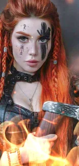 Fierce warrior woman with red hair and axe in fantasy art scene.