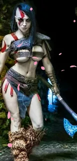 Fantasy warrior woman with axe in cave scene.