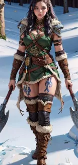 Fantasy warrior woman in snowy landscape, holding axes.