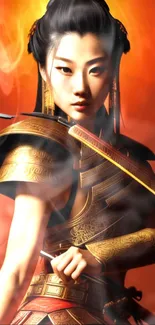 Warrior woman in detailed golden armor with fiery orange smoke background.