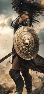 Warrior woman standing with shield and sword in a dramatic battle scene.