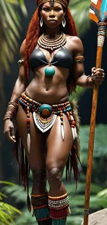 Tribal warrior woman with spear in jungle.