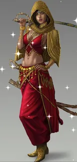 A dynamic fantasy warrior in red and gold attire, holding a sword gracefully.