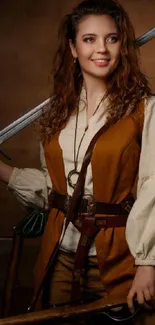 Female warrior with sword and bow in brown attire.