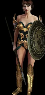 Warrior woman in armor with spear and shield on a black background.