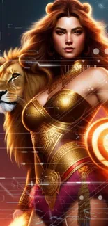 Fantasy warrior woman with lion and glowing armor on mobile wallpaper.