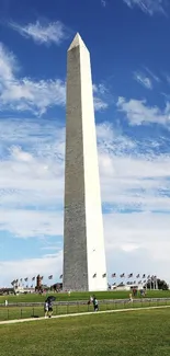 Washington Monument under a clear blue sky with green grass in the foreground.