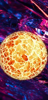 Vibrant orange sphere on abstract crystal background.