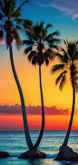 Vibrant tropical sunset with palm trees on a serene ocean beach.