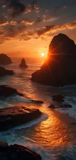 Dramatic sunset over a rocky coastline with crashing waves.