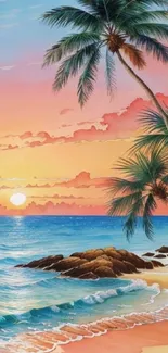 Tropical beach sunset with palm trees and serene ocean waves.