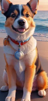 Smiling Corgi sitting on a beach during sunset with ocean waves in the background.