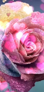 A close-up of a pink rose with water droplets.