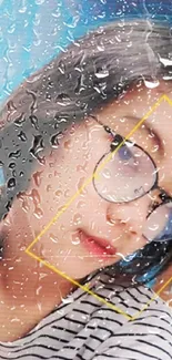 Portrait with water droplets and yellow geometric design.