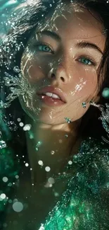 Serene woman in flowing water, teal