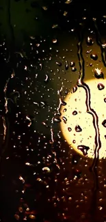 Raindrops on a window with a warm glow in the background, creating a serene atmosphere.