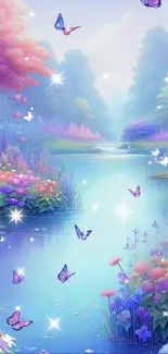 Magical garden with butterflies and a serene lake.