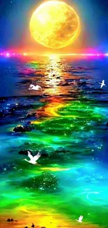 Vibrant night ocean with a glowing moon reflecting on colorful waters.