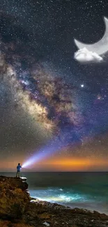 Man on cliff under starry sky with Milky Way and crescent moon.