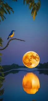 A bird on a branch against a full moon reflection over a serene lake.