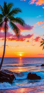 Tropical sunset beach with palm trees and vivid ocean waves in vibrant colors.