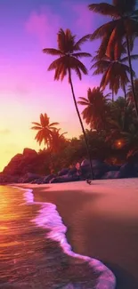 Vibrant tropical sunset with palm trees on a serene beach.