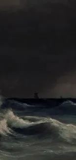 Dramatic ocean waves under a dark, stormy sky.