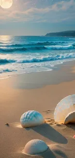 A serene moonlit beach with seashells and gentle ocean waves under a starry sky.