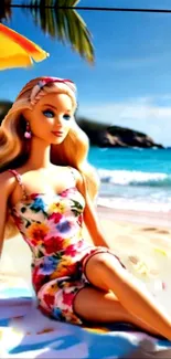 Fashion doll in floral outfit relaxing on a vibrant beach under a sunny sky.