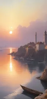 Serene coastal sunset with lighthouse and boats.