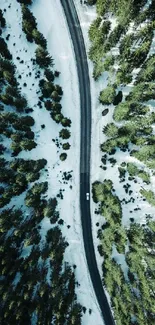 Aerial view of snow-covered forest and winding road.