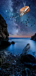 Celestial view of a starry night over a river with rocky landscape.