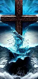 Wooden cross with water splash on mobile wallpaper