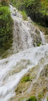 Tranquil waterfall flowing over mossy rocks surrounded by lush greenery.