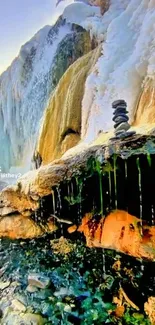 Ice blue frozen waterfall with rock stack.