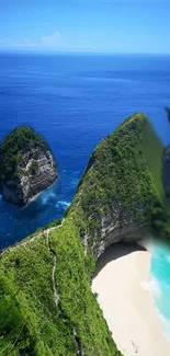 A tropical beach with blue water and green cliffs, ideal for mobile wallpaper.