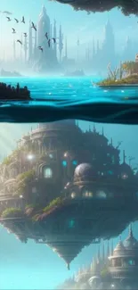 Floating island with blue waters and fantastical architecture.