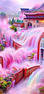 Fantasy pink waterfall landscape art with lush greenery.