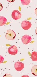 Watercolor apple pattern on soft pink background with green leaves.