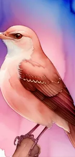 Elegant watercolor bird with pink and blue hues on a phone wallpaper.