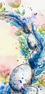 Watercolor art wallpaper with blue flowers and feathers.