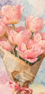 Watercolor artwork of pink tulip bouquet with newspaper wrap.