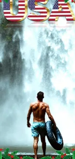 Man with a tube gazing at a waterfall, surrounded by lush nature.